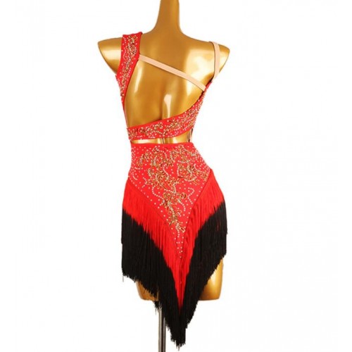 Red gradient fringe competition latin dance dresses for women girls one shoulder rhinestones ballroom salsa rumba chacha dancing costumes